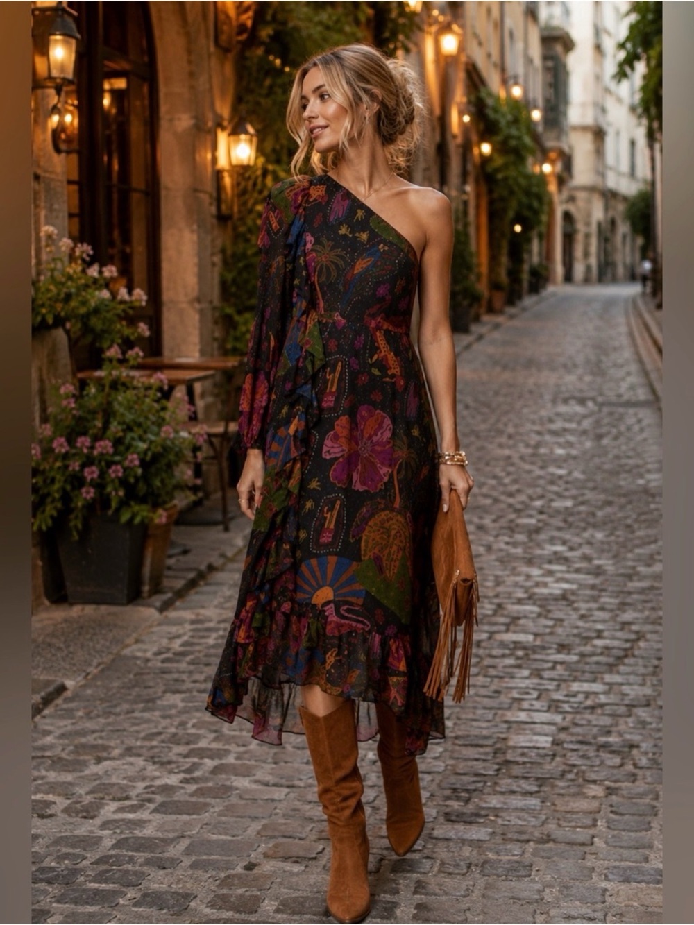 Farm Rio Crazy Mix One-Shoulder Floral Print Midi Dress NWT